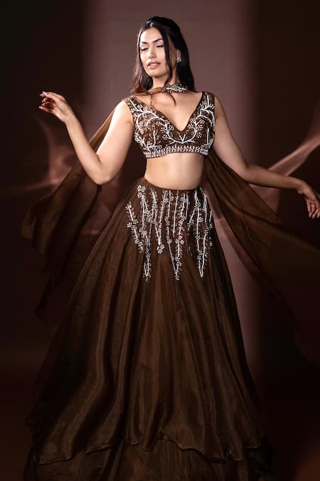 Dajwaree Brown Organza Beads, Sequins, Embroidery V-neck Designer Lehenga Set 