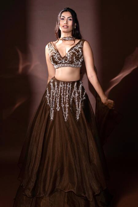 Dajwaree_Brown Organza Beads, Sequins, Embroidery V-neck Designer Lehenga Set _Online_at_Aza_Fashions