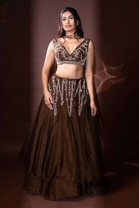 Buy_Dajwaree_Brown Organza Beads, Sequins, Embroidery V-neck Designer Lehenga Set _Online_at_Aza_Fashions