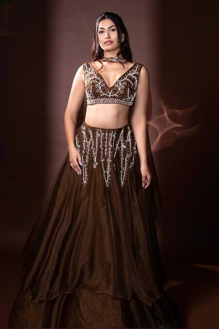 Shop_Dajwaree_Brown Organza Beads, Sequins, Embroidery V-neck Designer Lehenga Set _Online_at_Aza_Fashions