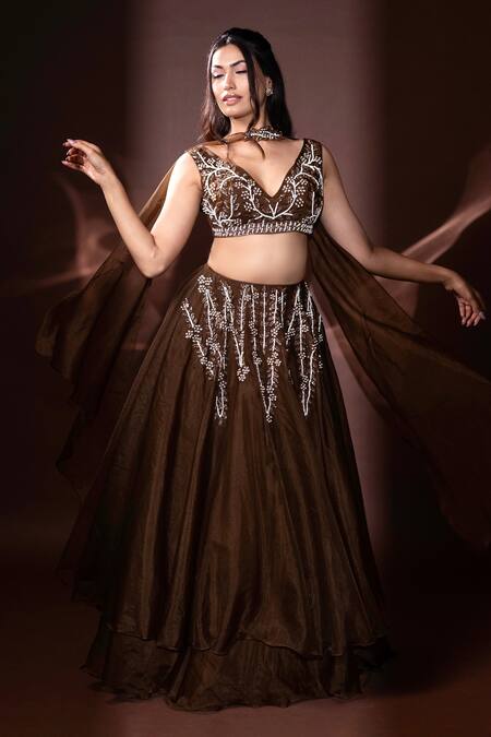 Buy_Dajwaree_Brown Organza Beads, Sequins, Embroidery V-neck Designer Lehenga Set 