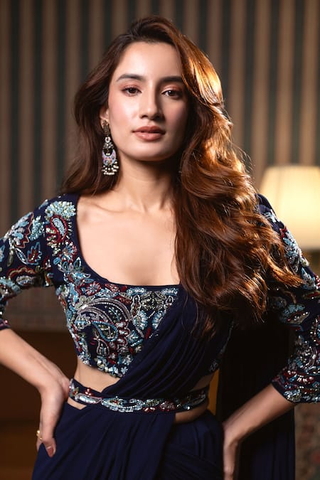 Buy_Dajwaree_Navy Georgette Embroidery, Sequins Round Neck Designer Blue Saree Set _Online_at_Aza_Fashions