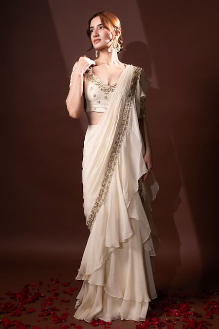 Dajwaree_White Organza, Silk Embroidery, Sequins V-neck Designer Nargis Saree Set _Online_at_Aza_Fashions