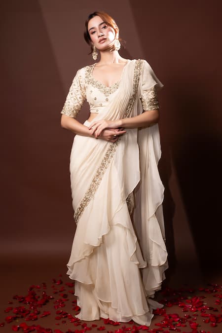 Buy_Dajwaree_White Organza, Silk Embroidery, Sequins V-neck Designer Nargis Saree Set _Online_at_Aza_Fashions