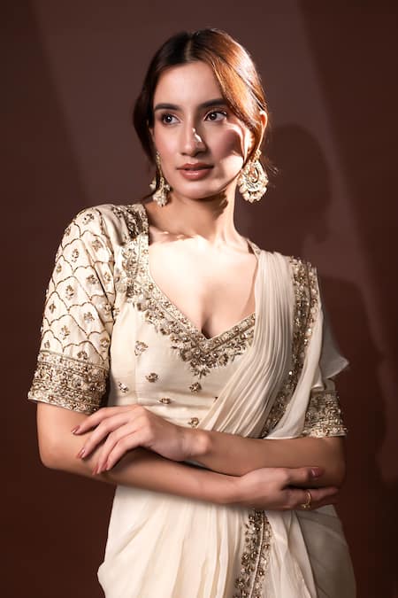 Shop_Dajwaree_White Organza, Silk Embroidery, Sequins V-neck Designer Nargis Saree Set _Online_at_Aza_Fashions