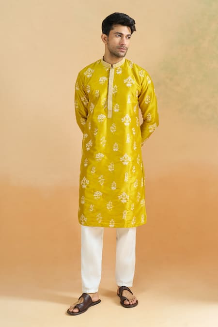 Arihant Rai Sinha_Mustard Cotton Embroidery, Sequins Thread Work Kurta Set _Online_at_Aza_Fashions