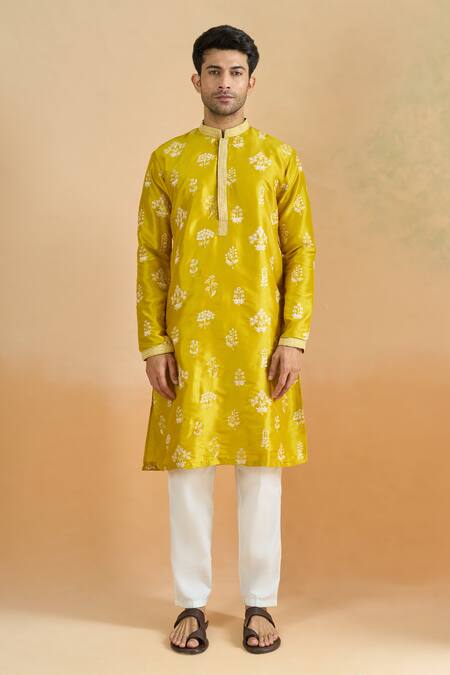 Buy_Arihant Rai Sinha_Mustard Cotton Embroidery, Sequins Thread Work Kurta Set _Online_at_Aza_Fashions