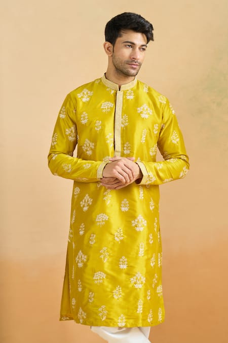 Arihant Rai Sinha_Mustard Cotton Embroidery, Sequins Thread Work Kurta Set _at_Aza_Fashions