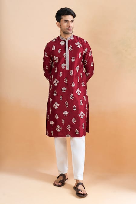 Arihant Rai Sinha_Maroon Cotton Embroidery, Sequins Thread Printed Kurta Set _Online_at_Aza_Fashions