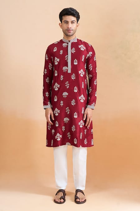 Buy_Arihant Rai Sinha_Maroon Cotton Embroidery, Sequins Thread Printed Kurta Set _Online_at_Aza_Fashions