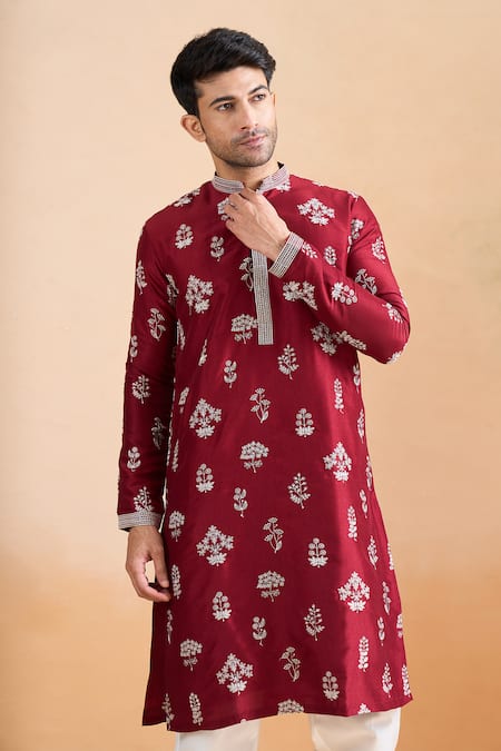 Arihant Rai Sinha_Maroon Cotton Embroidery, Sequins Thread Printed Kurta Set _at_Aza_Fashions