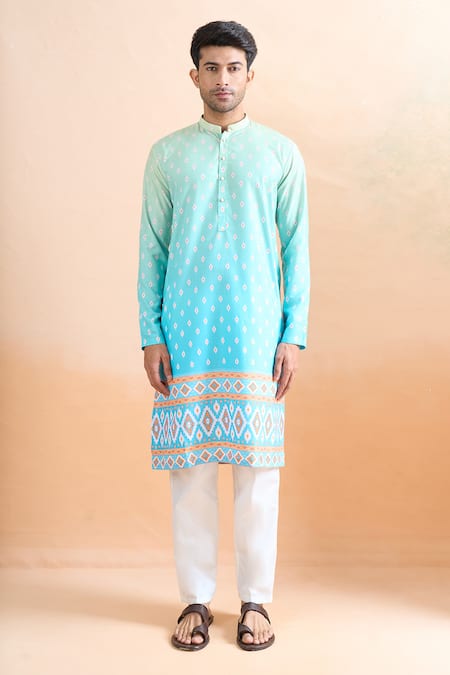 Shop Arihant Rai Sinha Blue Cotton Shaded Digital Print Kurta And Pant Set Online at Aza Fashions Shop_Arihant Rai Sinha_Blue Cotton Shaded Digital Print Kurta And Pant Set _Online_at_Aza_Fashions