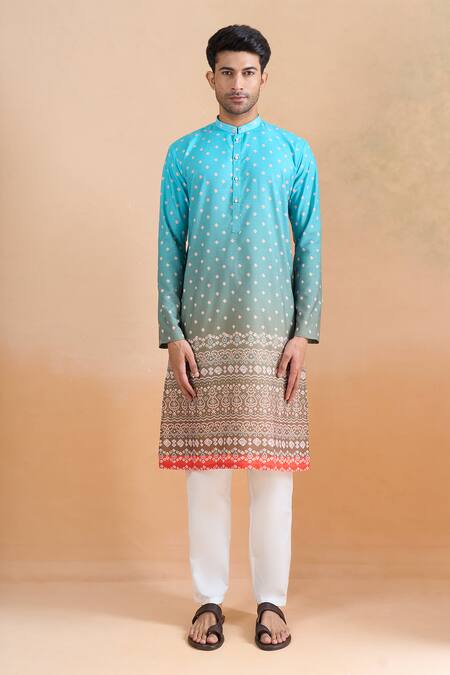 Arihant Rai Sinha_Blue Cotton Shaded Digital Print Kurta Set _Online_at_Aza_Fashions