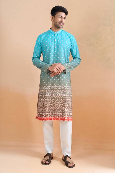 Buy_Arihant Rai Sinha_Blue Cotton Shaded Digital Print Kurta Set _Online_at_Aza_Fashions