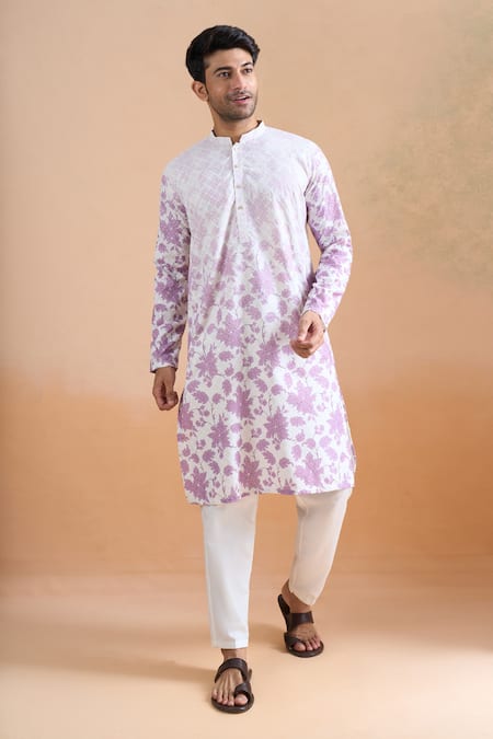 Buy_Arihant Rai Sinha_Cream Cotton Embroidery Floral Print Kurta Set _at_Aza_Fashions