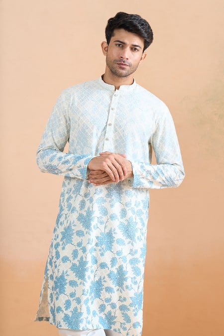 Buy_Arihant Rai Sinha_Cream Cotton Sequins Floral Print Kurta Set _Online_at_Aza_Fashions