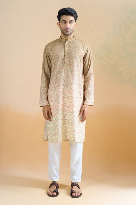 Shop Arihant Rai Sinha Beige Cotton Sequins Thread Printed Kurta Set Online at Aza Fashions Shop_Arihant Rai Sinha_Beige Cotton Sequins Thread Printed Kurta Set _Online_at_Aza_Fashions