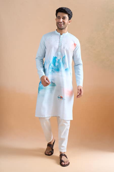 Arihant Rai Sinha Blue Cotton Digital Print Kurta And Cream Pant Set at Aza Fashions Arihant Rai Sinha_Blue Cotton Digital Print Kurta And Cream Pant Set _at_Aza_Fashions