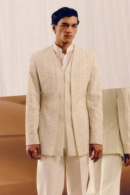 Amaare_Ivory Silk, Wool Embroidery, Sequins Marhu Bandhgala Set _Online_at_Aza_Fashions