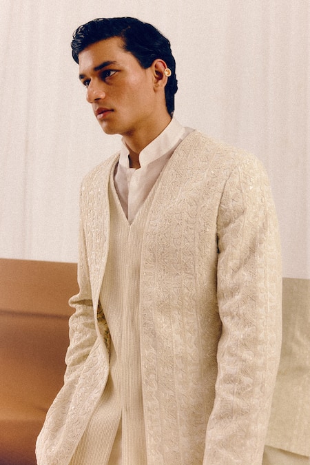 Buy_Amaare_Ivory Silk, Wool Embroidery, Sequins Marhu Bandhgala Set _Online_at_Aza_Fashions