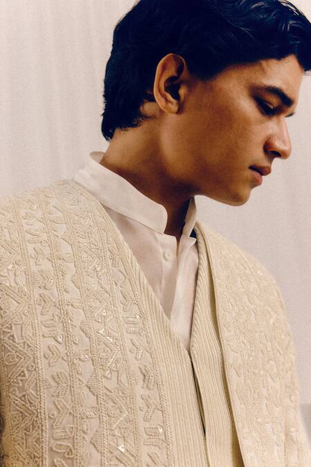 Shop_Amaare_Ivory Silk, Wool Embroidery, Sequins Marhu Bandhgala Set _Online_at_Aza_Fashions