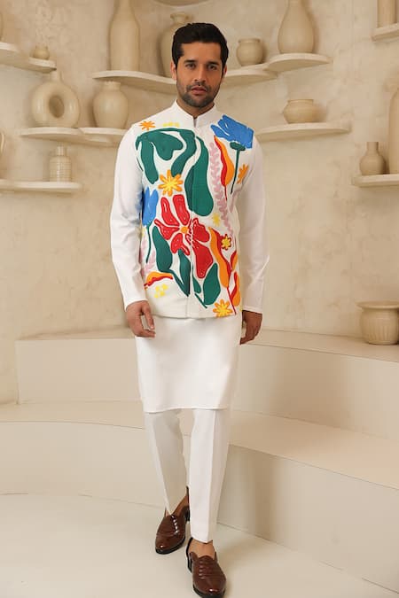 Courtyard by abhi White Lycra Colourful Abstract Nehru Jacket And Kurta Set 