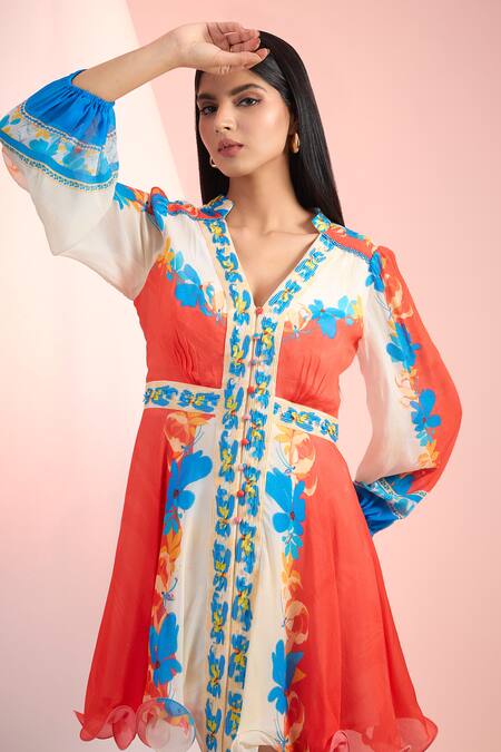 Mandira Wirk Resort Red Chiffon V-neck Printed Short Dress Online at Aza Fashions Mandira Wirk Resort_Red Chiffon V-neck Printed Short Dress _Online_at_Aza_Fashions