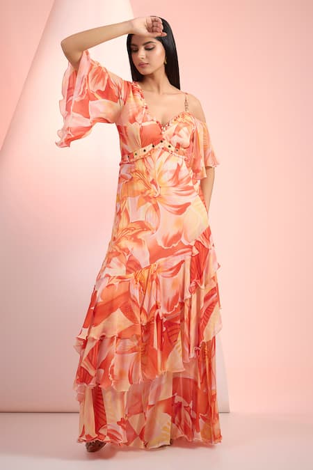 Mandira Wirk Resort Orange Chiffon V-neck Printed Dress 