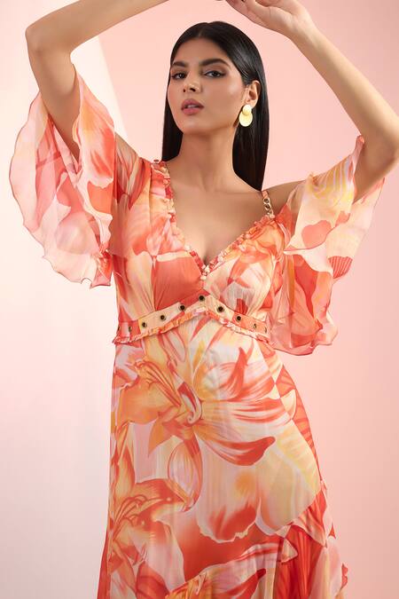 Mandira Wirk Resort_Orange Chiffon V-neck Printed Dress _Online_at_Aza_Fashions