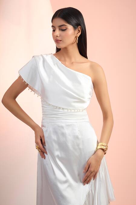 Mandira Wirk Resort Off White Satin One Shoulder Solid Dress Online at Aza Fashions Mandira Wirk Resort_Off White Satin One Shoulder Solid Dress _Online_at_Aza_Fashions