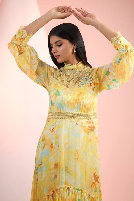 Mandira Wirk Resort_Yellow Chiffon Lace High Neck Printed Dress _Online_at_Aza_Fashions