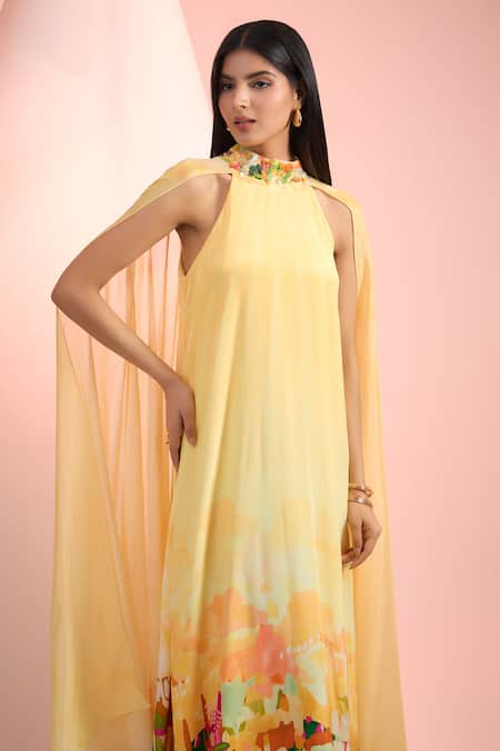 Mandira Wirk Resort_Yellow Chiffon, Crepe Halter Neck Printed Dress _Online_at_Aza_Fashions