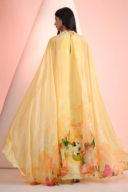 Mandira Wirk Resort Printed Yellow Chiffon Dress 