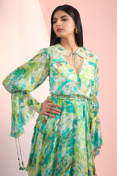 Mandira Wirk Resort Green Chiffon Tassels, Embroidery Keyhole Neck Printed Dress Online at Aza Fashions Mandira Wirk Resort_Green Chiffon Tassels, Embroidery Keyhole Neck Printed Dress _Online_at_Aza_Fashions