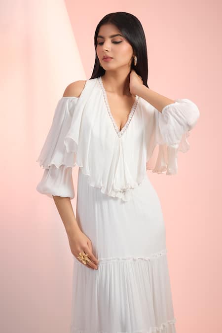 Mandira Wirk Resort Off White Chiffon V-neck Solid Dress Online at Aza Fashions Mandira Wirk Resort_Off White Chiffon V-neck Solid Dress _Online_at_Aza_Fashions