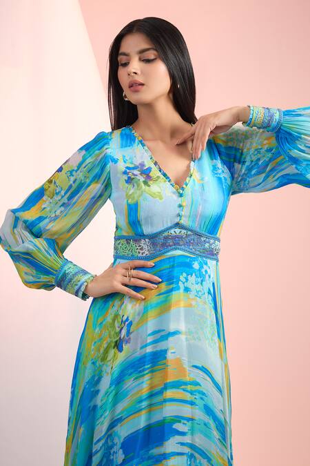Mandira Wirk Resort Blue Chiffon V-neck Printed Dress Online at Aza Fashions Mandira Wirk Resort_Blue Chiffon V-neck Printed Dress _Online_at_Aza_Fashions