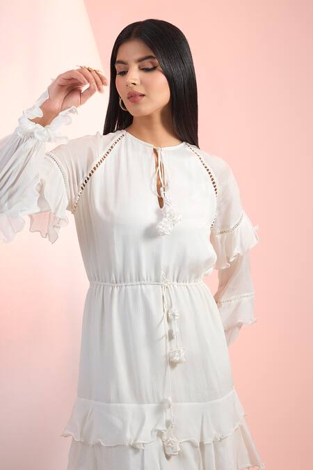 Mandira Wirk Resort_Off White Chiffon Tassels Round Neck Solid Dress _Online_at_Aza_Fashions