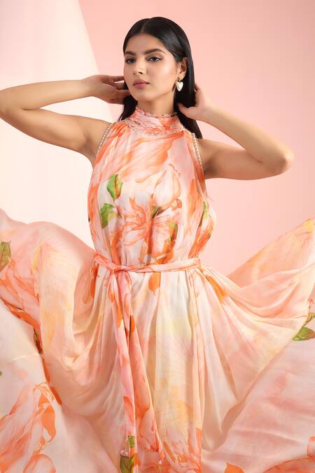 Mandira Wirk Resort_Orange Chiffon Halter Neck Floral Printed Dress _Online_at_Aza_Fashions