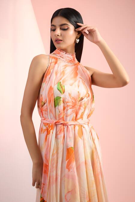 Buy_Mandira Wirk Resort_Orange Chiffon Halter Neck Floral Printed Dress _Online_at_Aza_Fashions