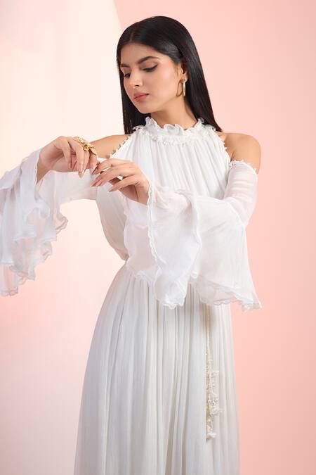 Mandira Wirk Resort_Off White Chiffon Ruffles High Neck Solid Dress _Online_at_Aza_Fashions