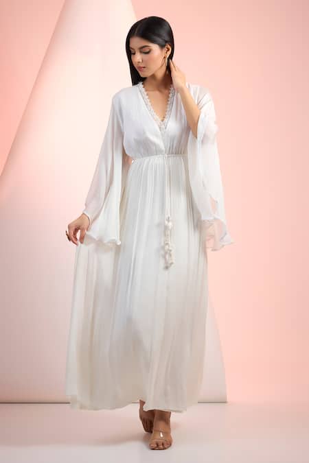 Mandira Wirk Resort Off White Solid Chiffon Dress 