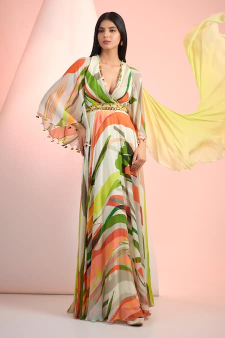Mandira Wirk Resort Multi Color Chiffon Plunge Neck Printed Dress 