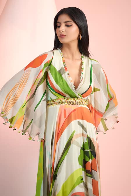 Mandira Wirk Resort_Multi Color Chiffon Plunge Neck Printed Dress _Online_at_Aza_Fashions
