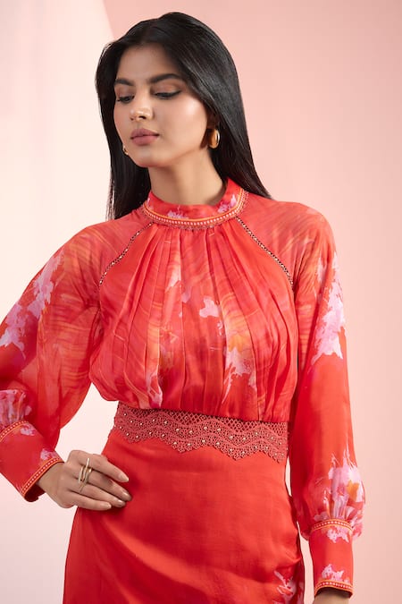 Mandira Wirk Resort Red Crepe High Neck Floral Printed Dress Online at Aza Fashions Mandira Wirk Resort_Red Crepe High Neck Floral Printed Dress _Online_at_Aza_Fashions