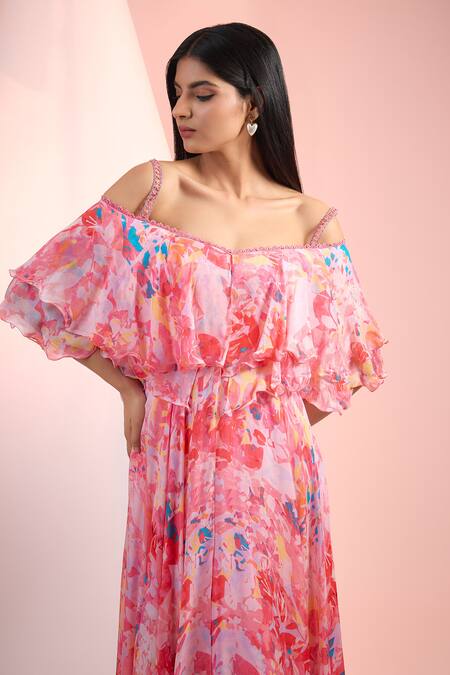 Mandira Wirk Resort Pink Chiffon Off-shoulder Floral Printed Dress Online at Aza Fashions Mandira Wirk Resort_Pink Chiffon Off-shoulder Floral Printed Dress _Online_at_Aza_Fashions