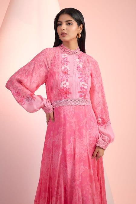 Mandira Wirk Resort Pink Chiffon Embroidery High Neck Printed Dress Online at Aza Fashions Mandira Wirk Resort_Pink Chiffon Embroidery High Neck Printed Dress _Online_at_Aza_Fashions