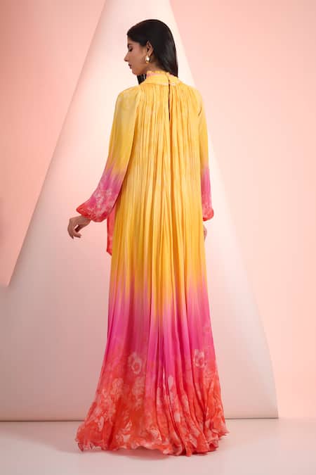 Mandira Wirk Resort Printed Yellow & Pink Chiffon Dress 