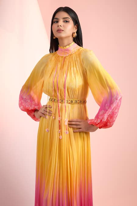 Mandira Wirk Resort Yellow Chiffon Embroidery Round Neck Printed And Pink Dress Online at Aza Fashions Mandira Wirk Resort_Yellow Chiffon Embroidery Round Neck Printed And Pink Dress _Online_at_Aza_Fashions