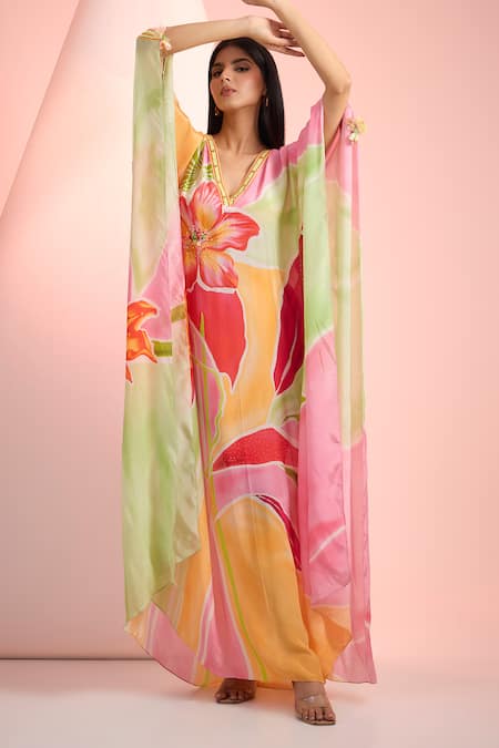 Mandira Wirk Resort Multi Color Crepe V-neck Printed Designer Kaftan 