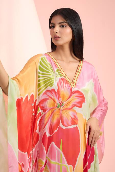 Mandira Wirk Resort_Multi Color Crepe V-neck Printed Designer Kaftan _Online_at_Aza_Fashions